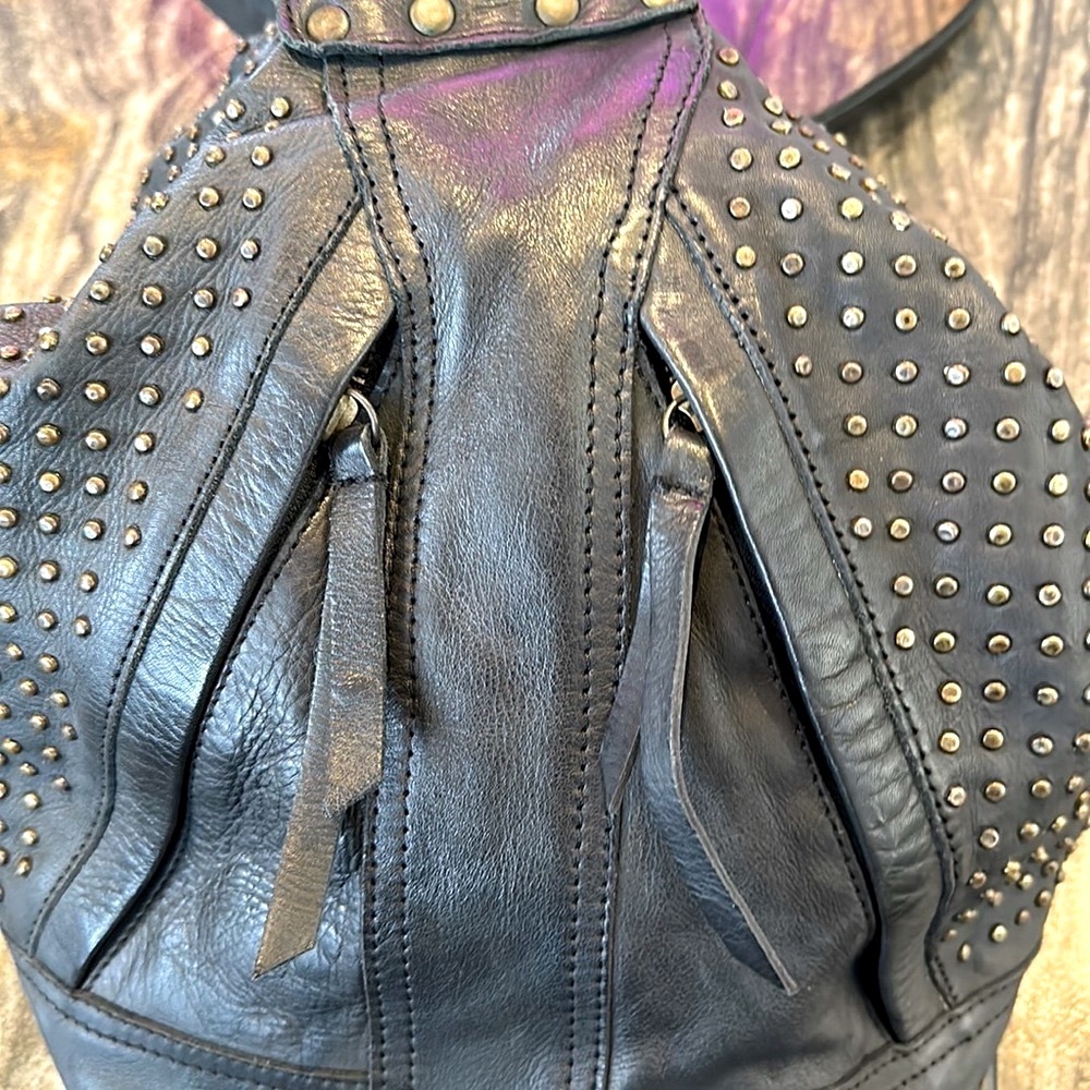 Studded Black Leather Backpack with Gold-Tone Accents - Picture 5 of 12